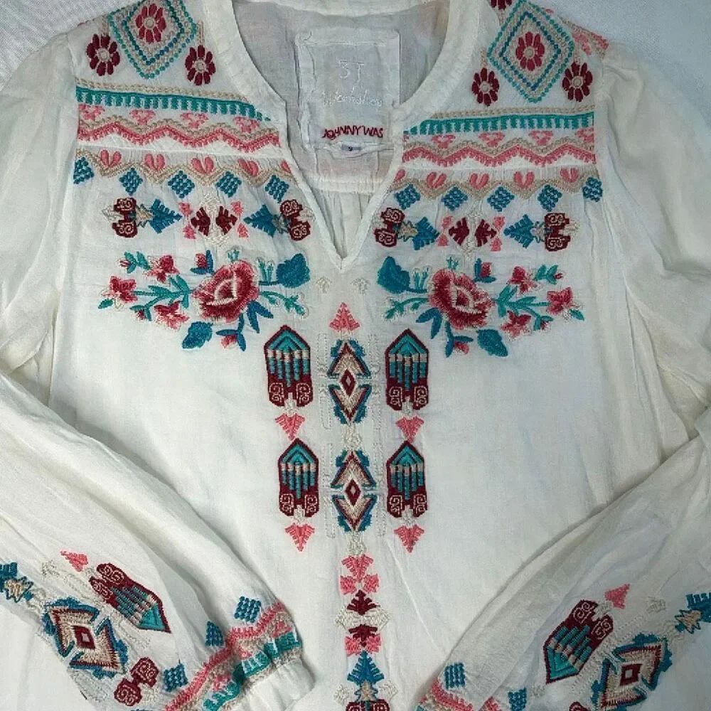 Johnny Was 3J Workshop Embroidered Gauze Tunic Top Shirty Small